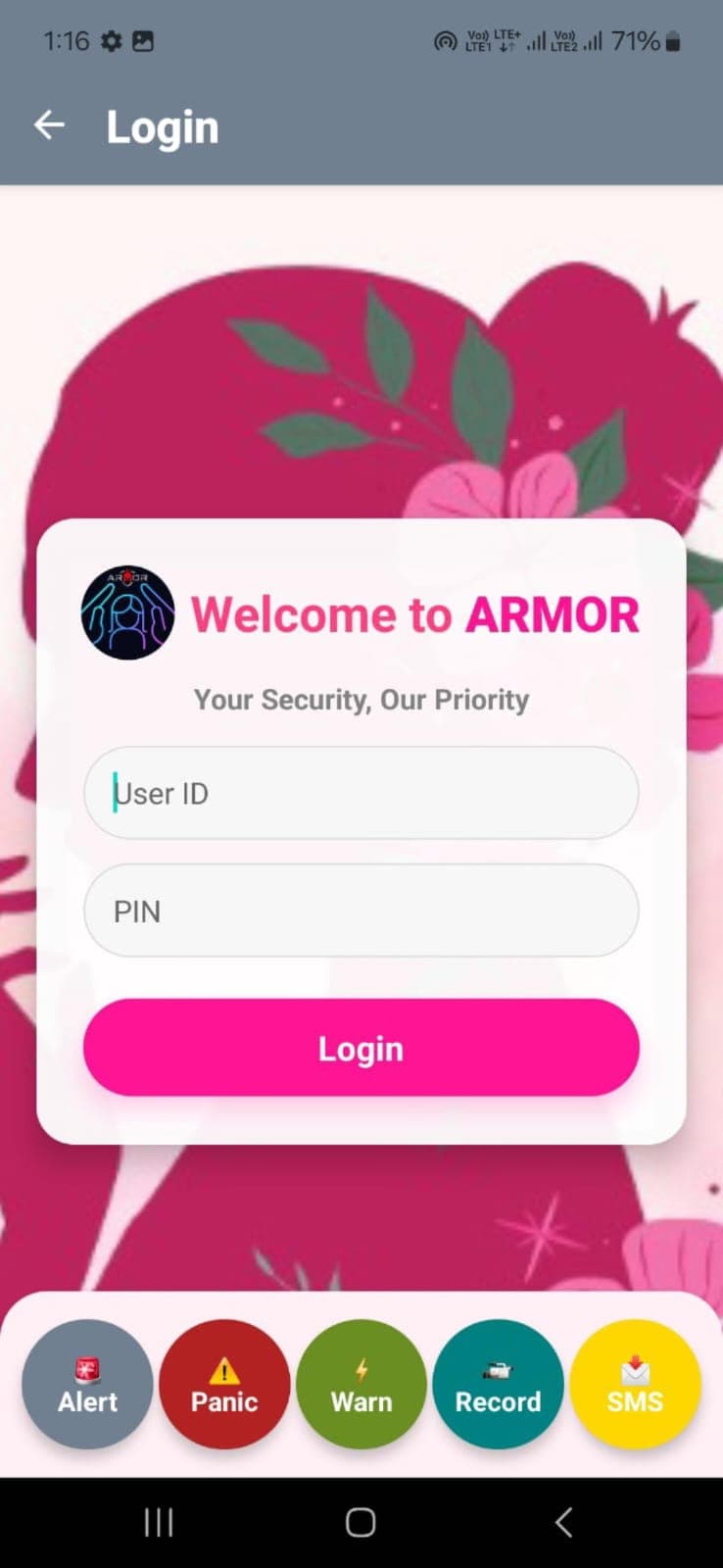 ARMOR app login screen — Your Security, Our Priority